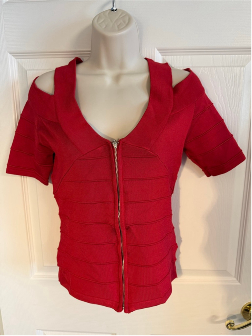 red Boston Proper zipper-front bandage blouse short sleeves cold shoulder XS